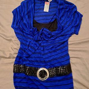 Blue and Black Striped Double Layer Shirt with Black Belt